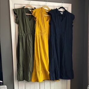 BUNDLE:  3 Time and Tru Women's Midi Dresses - Olive, Mustard, and Navy